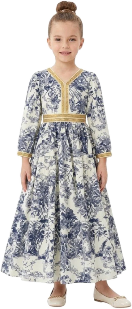 Ornate Blue Pattern Jalabiya with Gold Trim Detail