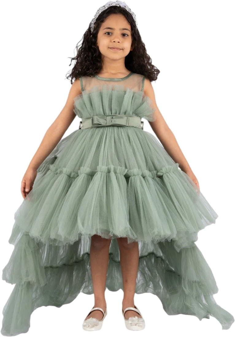 Front Ruffle Hem Mesh Gown with Detachable T